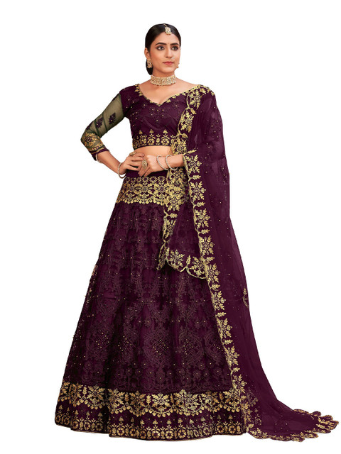 

Warthy Ent Purple & Gold-Toned Embellished Thread Work Semi-Stitched Lehenga & Unstitched Blouse With