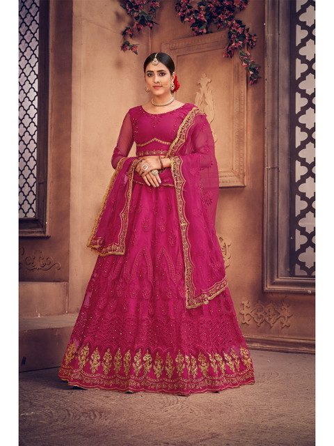 

Warthy Ent Pink & Gold-Toned Embroidered Thread Work Semi-Stitched Lehenga & Unstitched Blouse With Dupatta