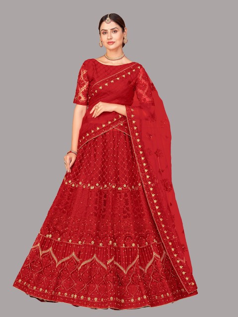 

Warthy Ent Women Red Embroidered Semi-Stitched Lehenga & Unstitched Blouse With Dupatta