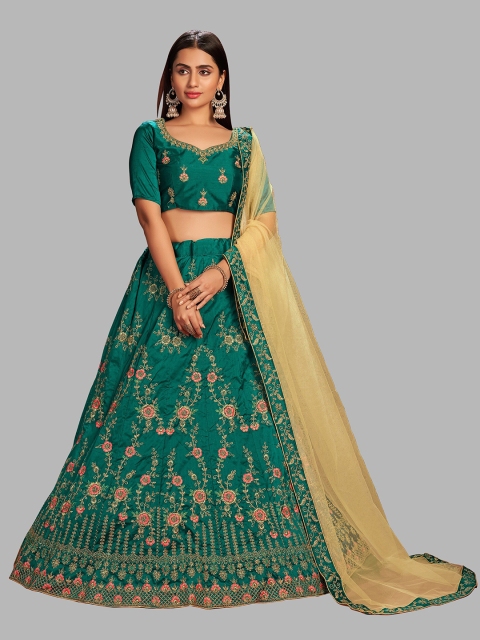 

Warthy Ent Green & Gold-Toned Embroidered Semi-Stitched Lehenga & Unstitched Blouse With Dupatta