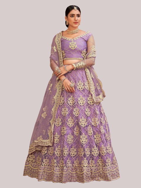 

Warthy Ent Purple & Gold-Toned Embroidered Semi-Stitched Lehenga&Unstitched Blouse Dupatta