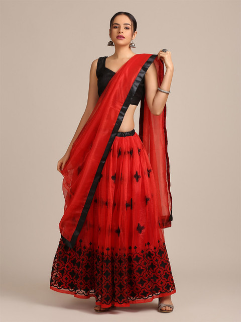 

Warthy Ent Red & Black Thread Work Semi-Stitched Lehenga & Unstitched Blouse With Dupatta