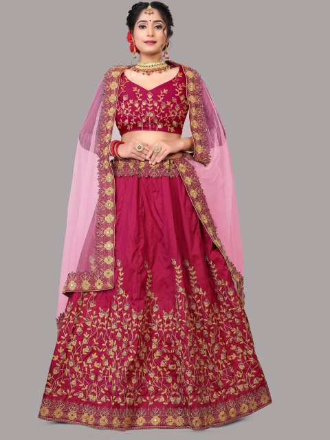 

Warthy Ent Pink & Gold-Toned Embroidered Semi-Stitched Lehenga & Unstitched Blouse With Dupatta