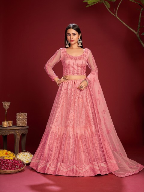 

Warthy Ent Pink Embroidered Semi-Stitched Lehenga & Unstitched Blouse With Dupatta