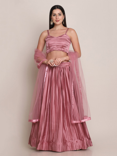 

Warthy Ent Pink & Gold-Toned Semi-Stitched Lehenga & Unstitched Blouse With Dupatta