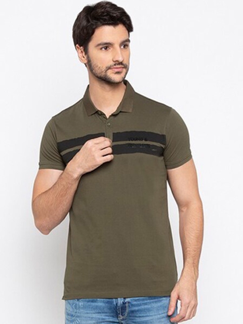 

SPYKAR Men Olive Green Striped Polo Collar Slim Fit T-shirt