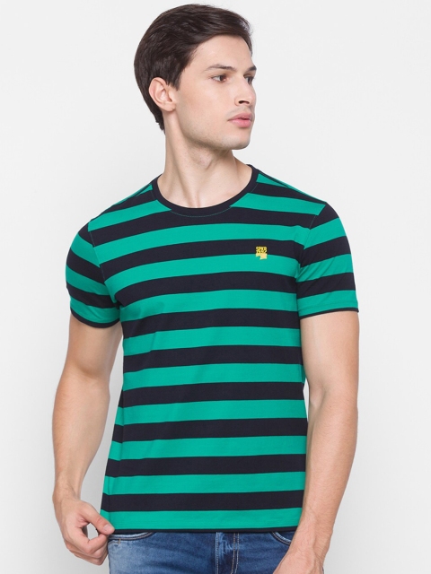 

SPYKAR Men Green & Navy Blue Striped Slim Fit Cotton T-shirt