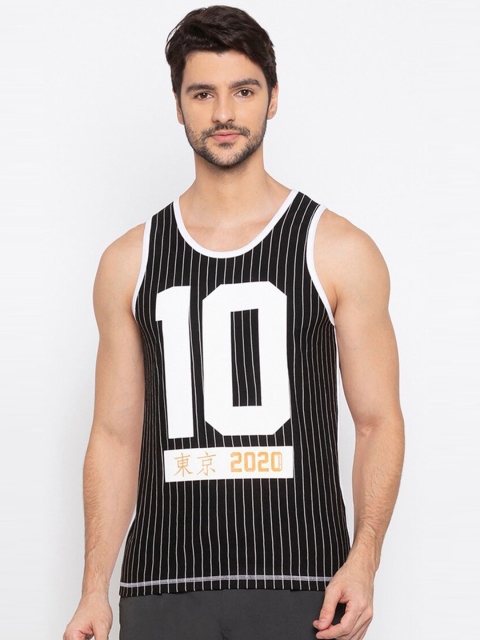 

SPYKAR Men Black & White Varsity Striped Slim Fit Cotton T-shirt