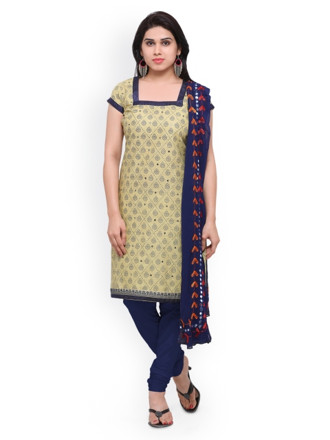 

Saree mall Beige & Navy Blue Cotton Blend Unstitched Dress Material