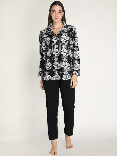 

Organzaa Women Black & White Printed Cotton Blend Night suit
