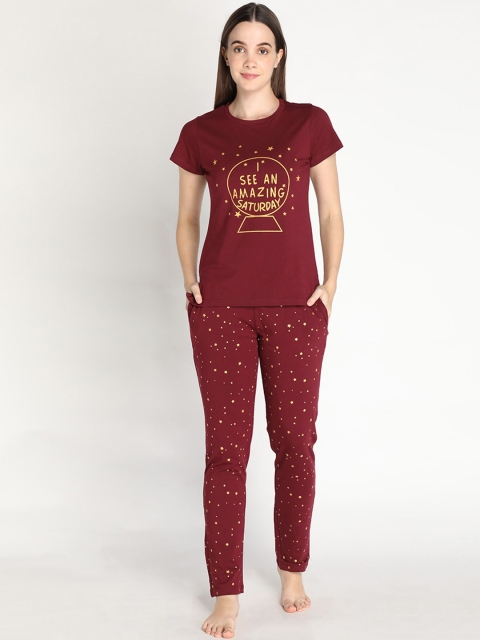

Organzaa Women Maroon & Yellow Printed Night suit