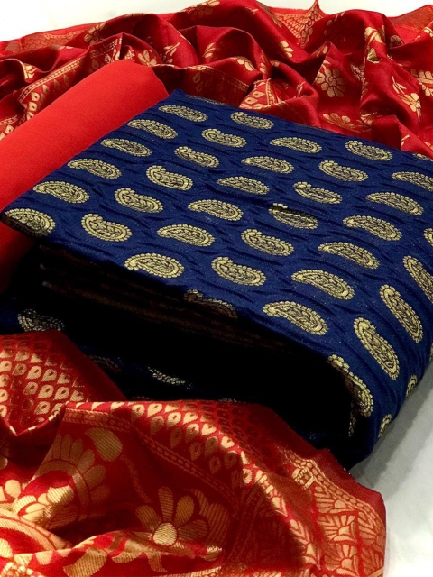

MORLY Blue & Red Dupion Silk Unstitched Dress Material