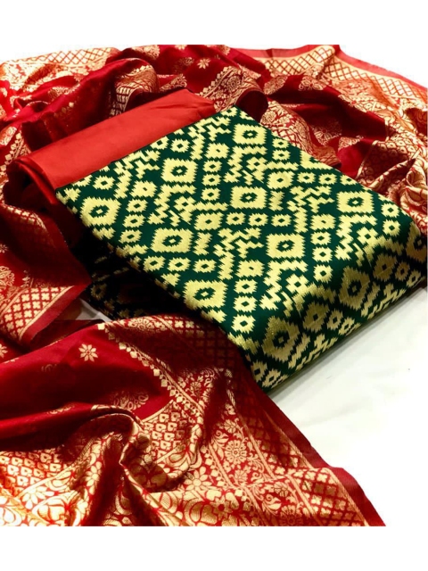 

MORLY Green & Red Dupion Silk Unstitched Dress Material