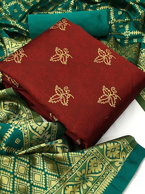 

MORLY Maroon & Green Dupion Silk Unstitched Dress Material