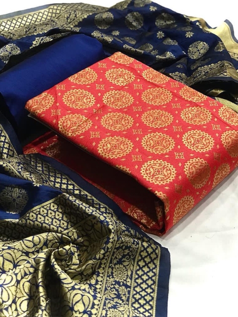 

MORLY Red & Blue Dupion Silk Unstitched Dress Material