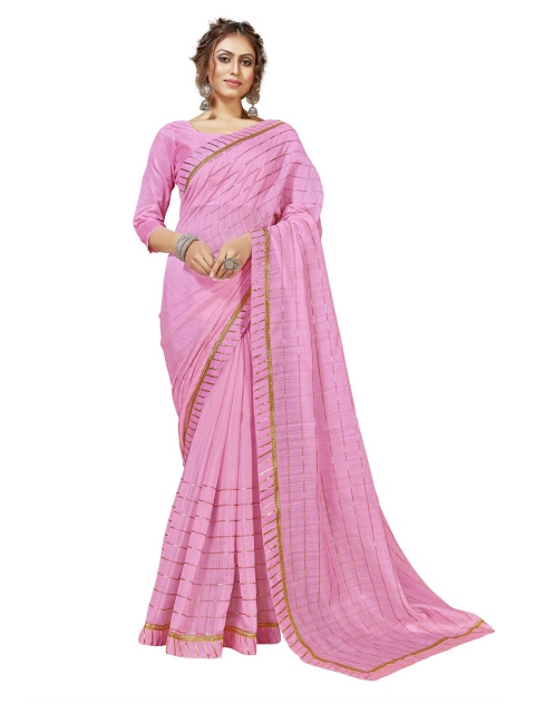 

MotiHamir Pink & Gold-Toned Striped Sequinned Linen Blend Saree