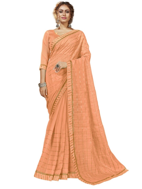 

MotiHamir Orange & Gold-Toned Striped Gotta Patti Saree