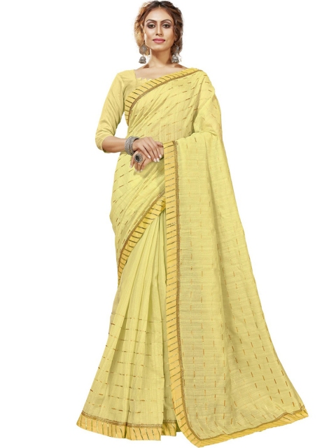 

MotiHamir Yellow & Gold-Toned Striped Gotta Patti Fusion Saree