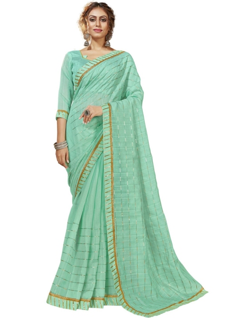 

MotiHamir Blue & Gold-Toned Striped embellished Gotta Patti Saree