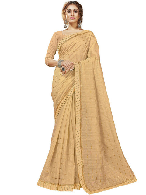 

MotiHamir Nude-Coloured & Gold-Toned Striped Sequinned Saree