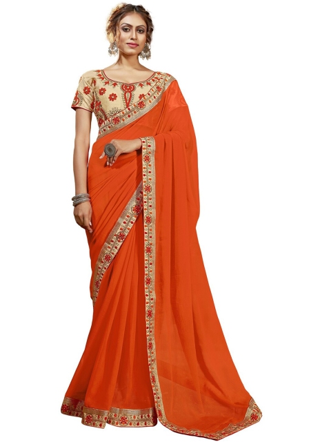 

MotiHamir Orange & Gold-Toned Embroidered Fusion Saree