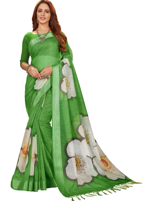 

MotiHamir Green & White Floral Printed Zari Saree