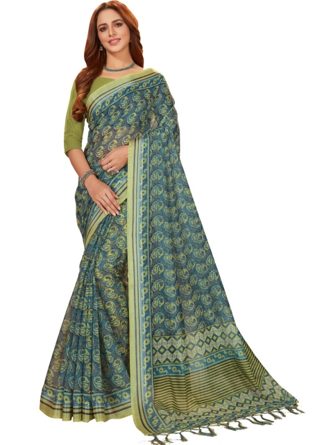 

MotiHamir Green & Grey Floral Printed Saree