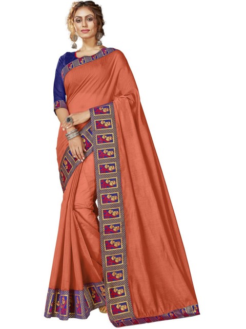 

MotiHamir Brown & Blue Solid Embroidered Border Saree