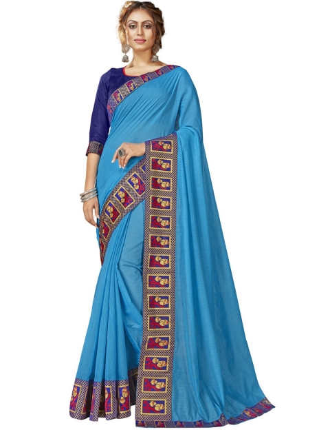 

MotiHamir Blue & Red Solid Embroidered Border Saree