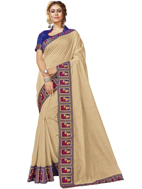 

MotiHamir Nude-Coloured & Blue Solid Embroidered Border Saree