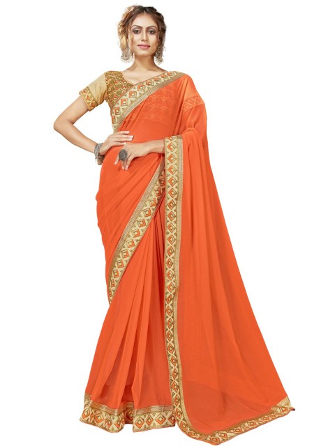 

MotiHamir Orange & Beige Geometric Printed Saree