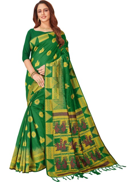 

MotiHamir Green & Mustard Geometric Printed Saree