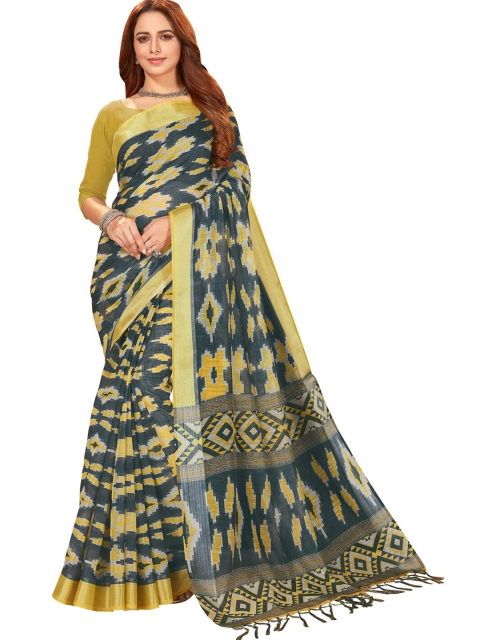 

MotiHamir Yellow & Blue Ikat Geometric Printed Saree