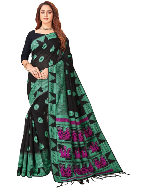 

MotiHamir Black & Pink Woven Design Printed Saree