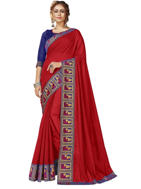 

MotiHamir Red & Blue Solid Embroidered Saree