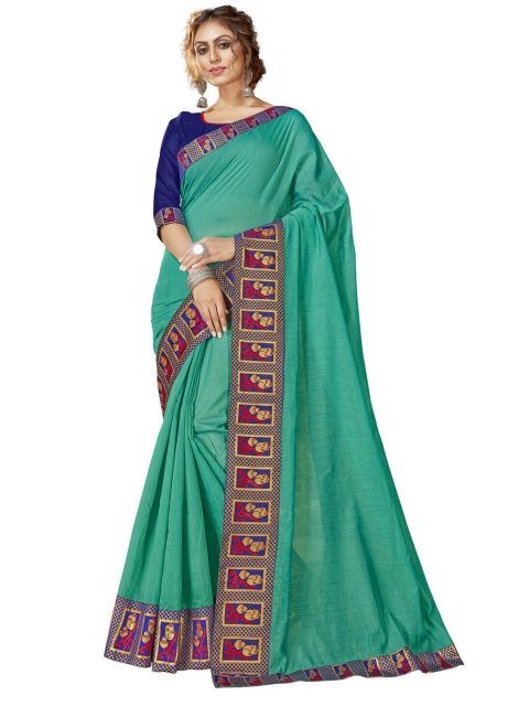 

MotiHamir Sea Green & Blue Embroidered Linen Blend Fusion Saree