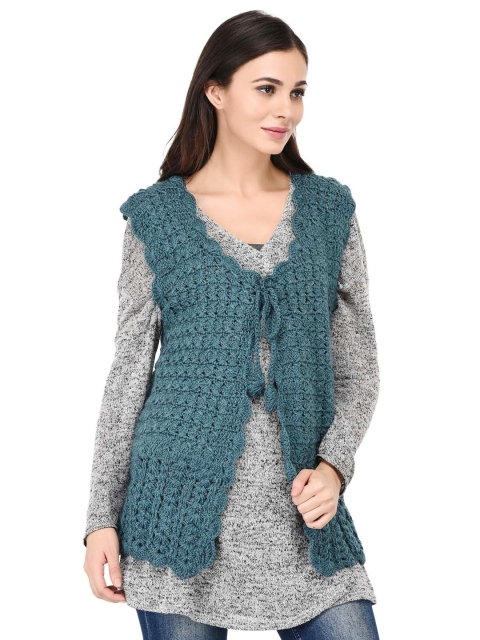 

Bharatasya Women Teal Tie-Up Shrug