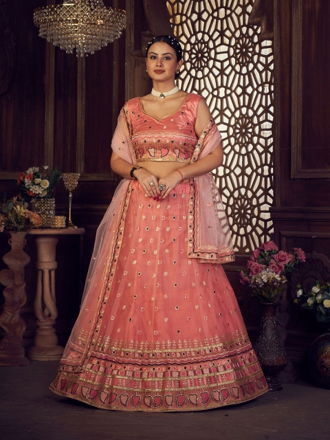 

Warthy Ent Peach-Coloured & Blue Embellished Sequinned Semi-Stitched Lehenga & Unstitched Blouse With