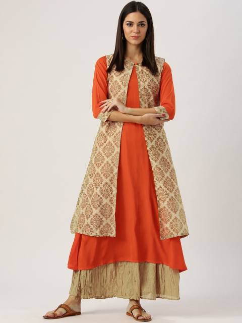 

Libas Women Orange Solid A-Line Kurta with Printed Ethnic Jacket