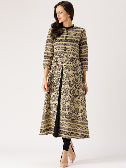 

Libas Women Beige & Grey Printed Panelled A-Line Kurta