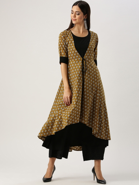 

Libas Women Black & Olive Green Printed Layered A-Line Kurta