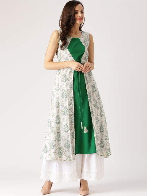 

Libas Women Off-White & Green Printed Layered A-Line Kurta
