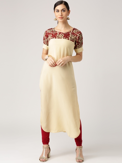 

Libas Women Beige Printed Detail Crepe Straight Kurta