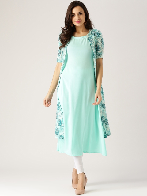 

Libas Women Green Solid A-Line Kurta with Printed Ethnic Jacket