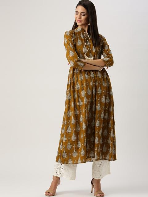 

Libas Women Mustard Brown & Off-White Printed A-Line Kurta