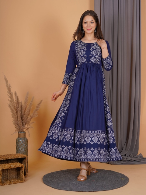 

PURSHOTTAM WALA Women Navy Blue & White Ethnic Motifs Printed Kurta