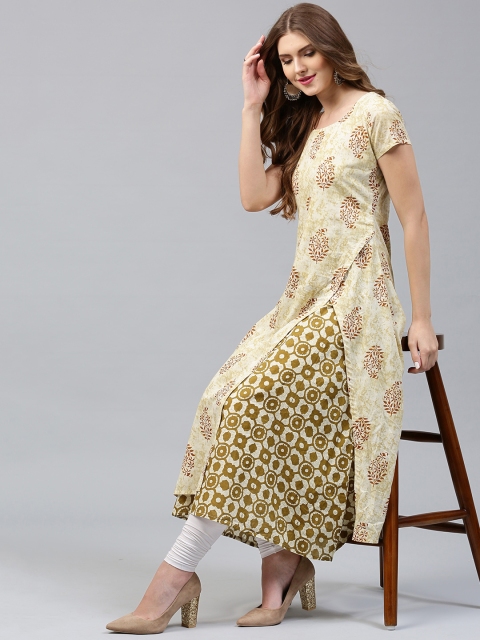 

Libas Women Cream-Coloured & Olive Green Printed Layered A-Line Kurta with Ethnic Jacket