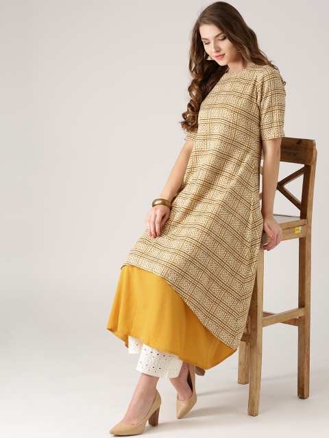 

Libas Women Mustard Yellow & Off-White Layered Printed A-Line Kurta