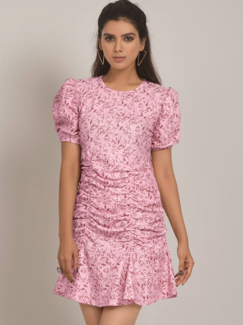 

RIVAMA Pink Floral Print Ruffles Crepe Longline Top