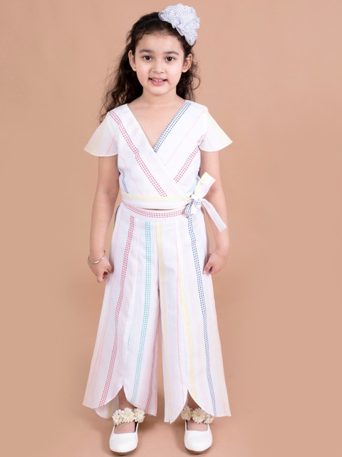 

pspeaches Girls White & Red Embroidered V-Neck Top with Palazzos